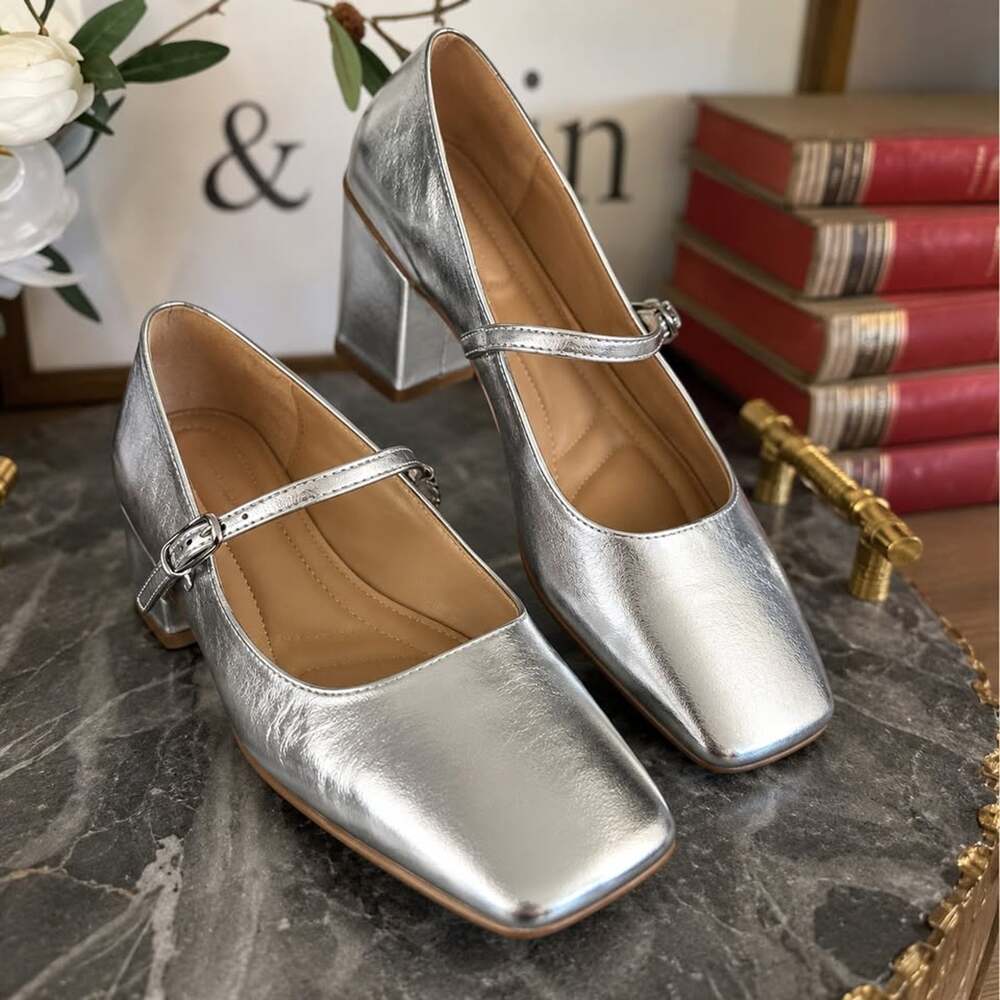 Franco Sarto Tinsley Mary Jane Flats Metallic Silver 8.5M Square Toe Ballet Prep
